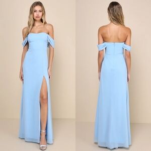 Lulus Magical Magnetism Light Blue Off-the-Shoulder Maxi Dress M Wedding Party
